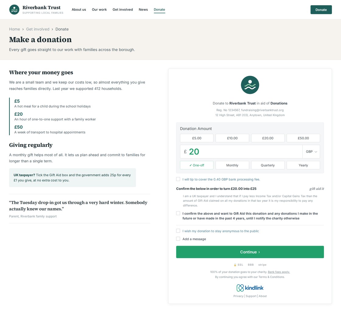 A charity's own donation page with the KindLink form embedded: preset amounts, one-off or regular giving, and the Gift Aid declaration