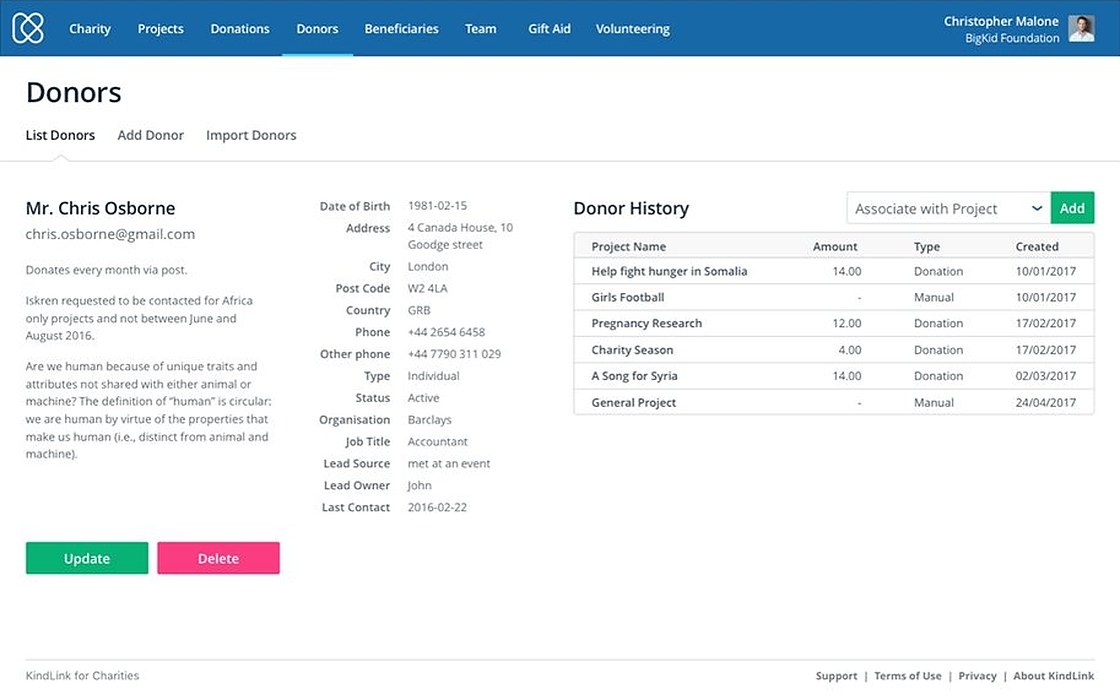 A supporter record: contact details and notes beside the supporter's history of donations across projects