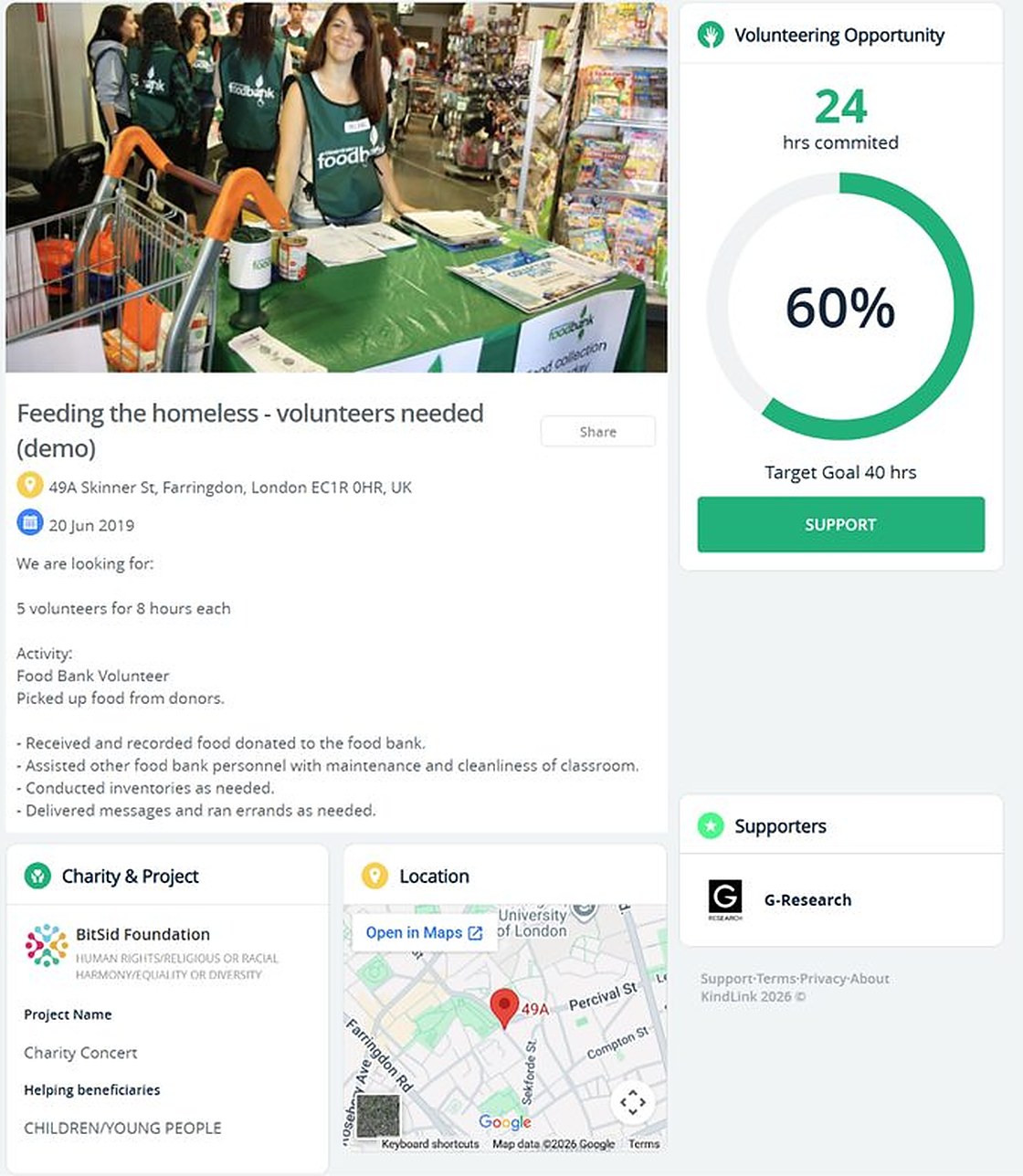 A volunteering opportunity showing the hours committed so far against its target